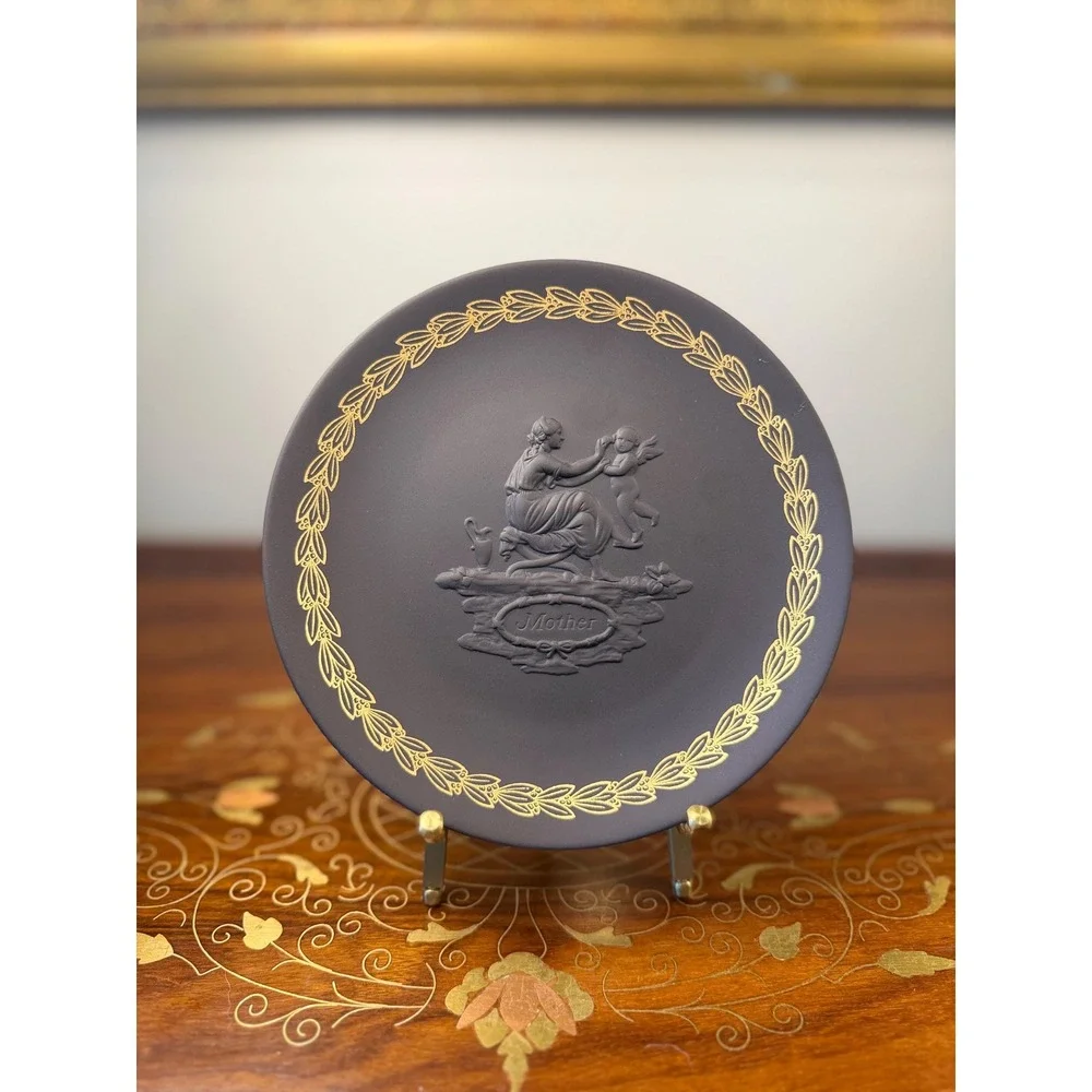 Vintage Wedgwood Mother Plate • Black Basalt Jasperware Gold Relief